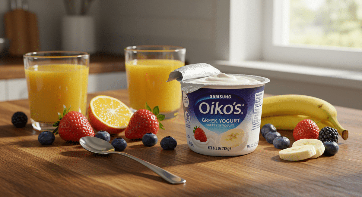 Oikos Greek Yogurt on a breakfast table with fresh fruits