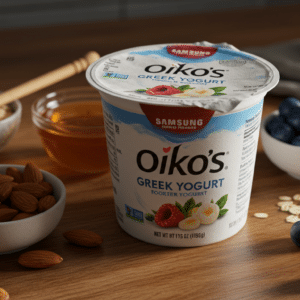 Oikos Greek Yogurt container with healthy ingredients on a rustic counter