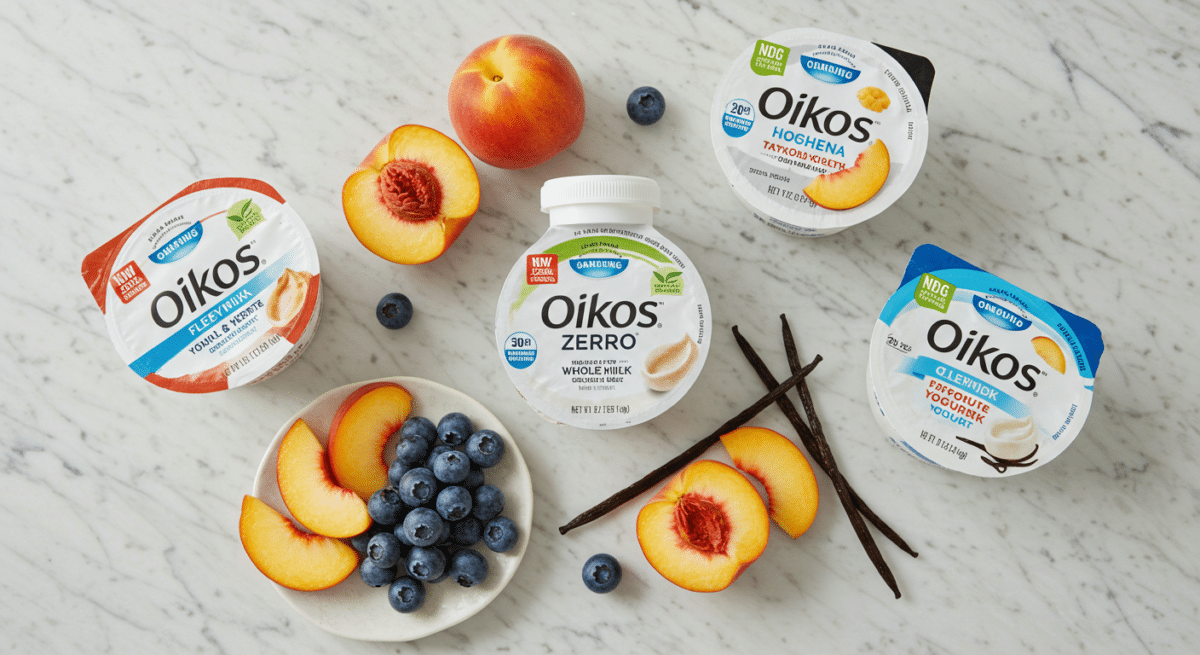 Oikos yogurt variety lineup on kitchen counter