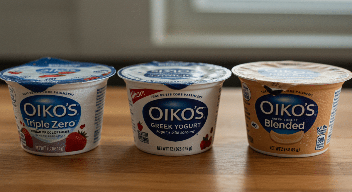 Oikos Triple Zero, Pro, and Blended yogurt cups comparison