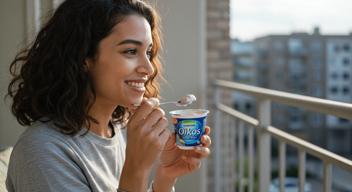 Real customer enjoying Oikos yogurt on balcony