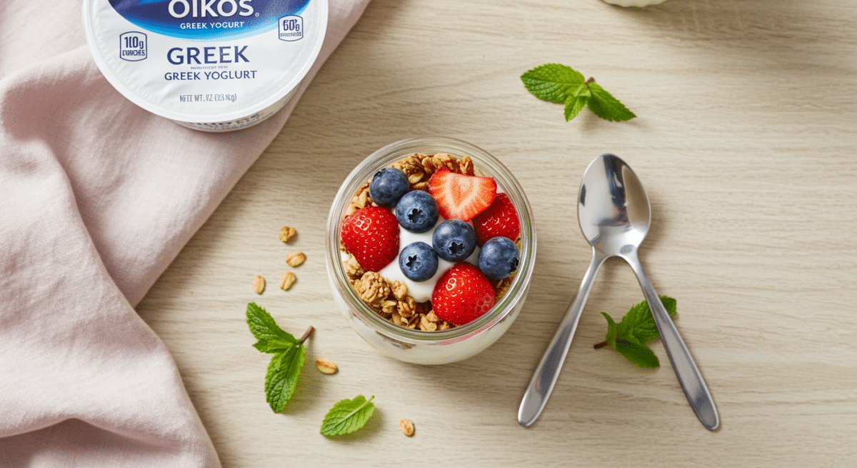 Oikos Greek Yogurt parfait with granola and berries