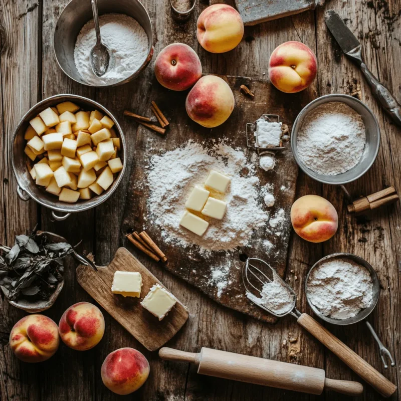Pie ingredients flat lay with flour, butter, and spices