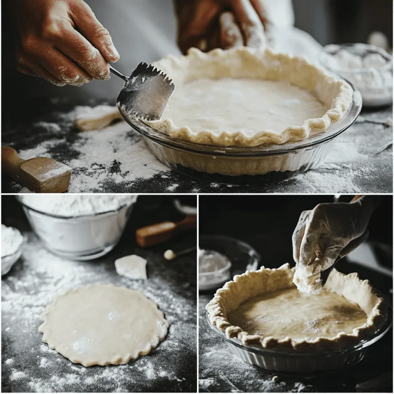Step-by-step pie crust preparation with hands shaping dough