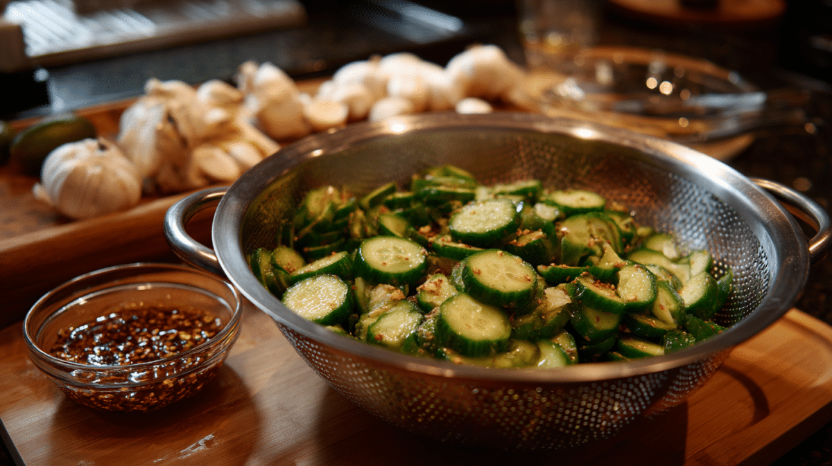 Preparing Logan Moffitt cucumber salad with garlic and chili oil