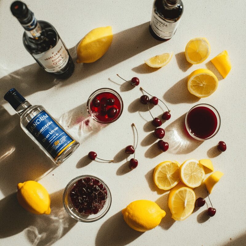 Flat lay of Purple Rain Drink ingredients on kitchen countertop