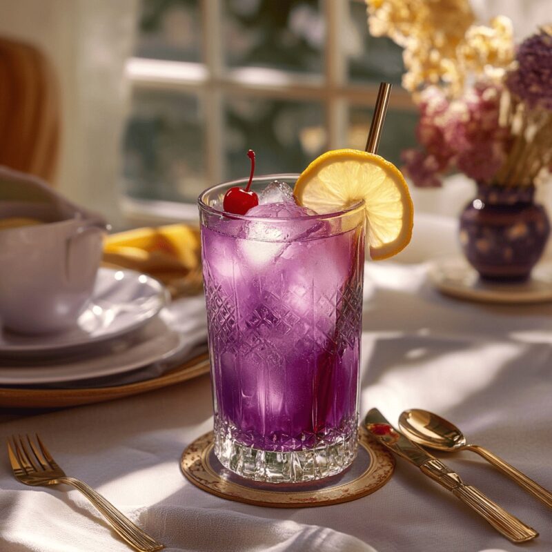 Served Purple Rain Drink on styled table with garnishes