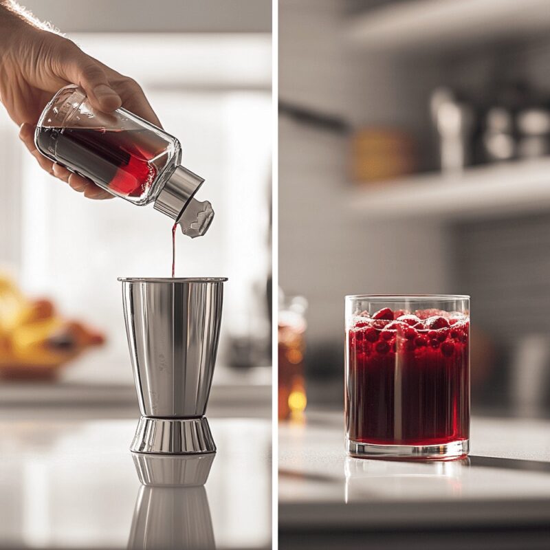 Preparing Purple Rain Drink: measuring and combining ingredients