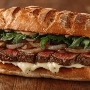 Ribeye steak sandwich with melted provolone, caramelized onions, and arugula in a toasted ciabatta roll.