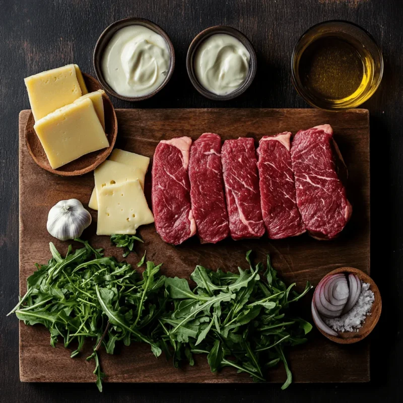 Raw ribeye steak, ciabatta rolls, onions, cheese, arugula, and sauce ingredients on a wooden board.