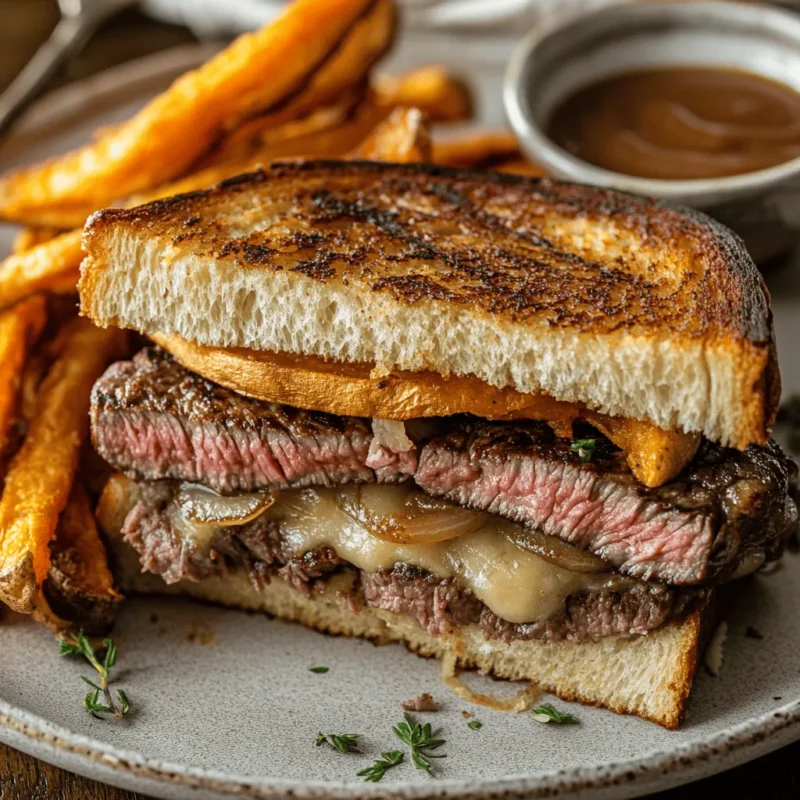 Ribeye steak sandwich sliced in half, served with sweet potato fries and dipping sauce.