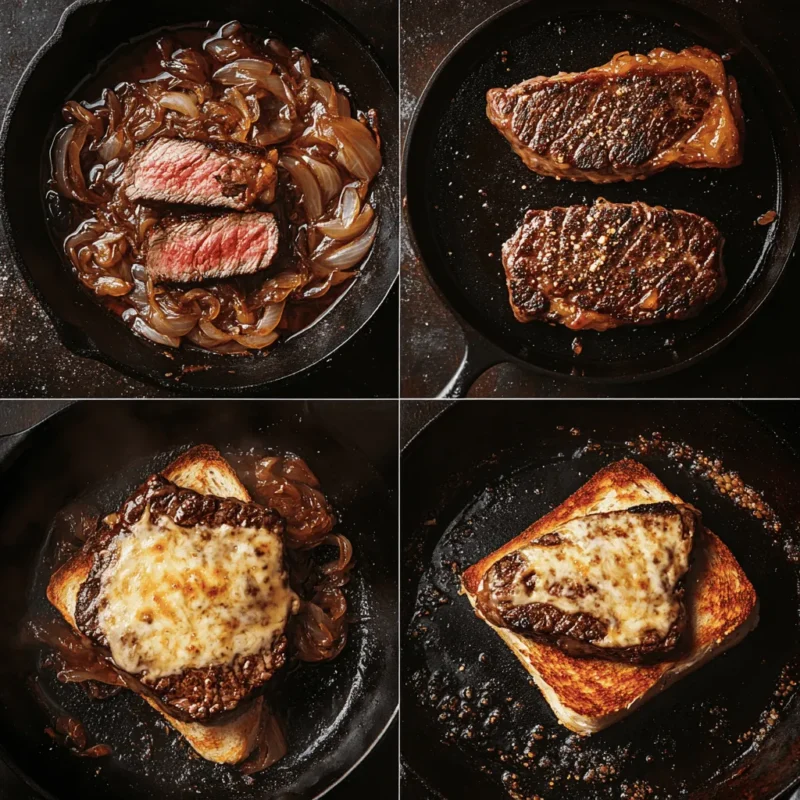 Step-by-step process showing ribeye searing, onions caramelizing, cheese melting, and sandwich assembling.