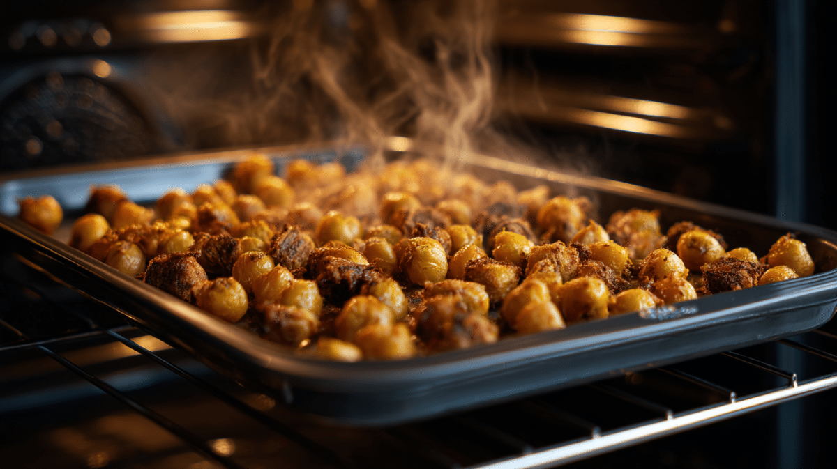 Roasted chickpeas on baking tray in oven