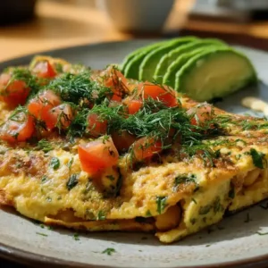 Savory chickpea omelet with tomatoes and herbs served Mediterranean-style