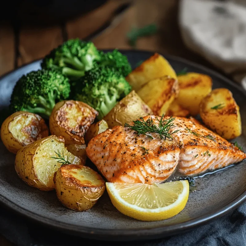 Plated lemon butter salmon with roasted potatoes and broccoli, garnished with dill and lemon