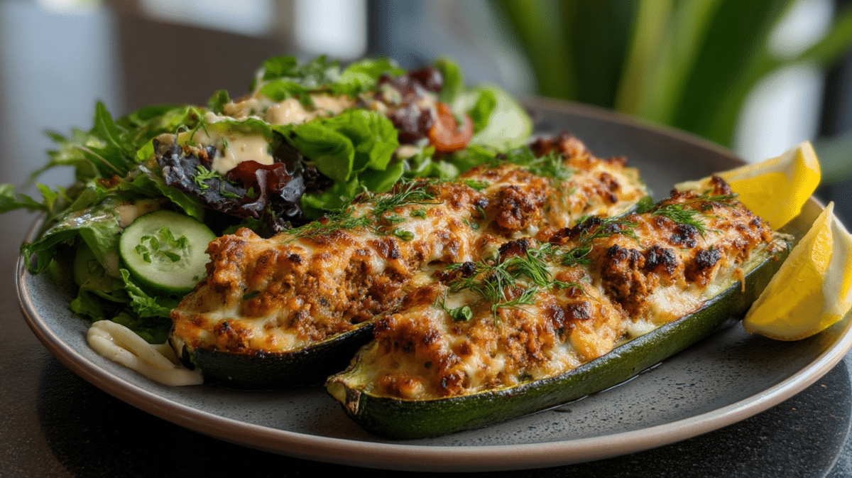 Stuffed zucchini boats served with Mediterranean salad