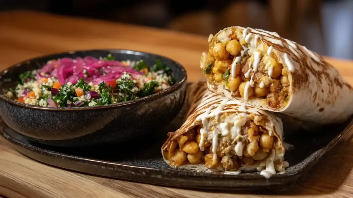 Chickpea Shawarma Wrap with Garlic Sauce and side dishes