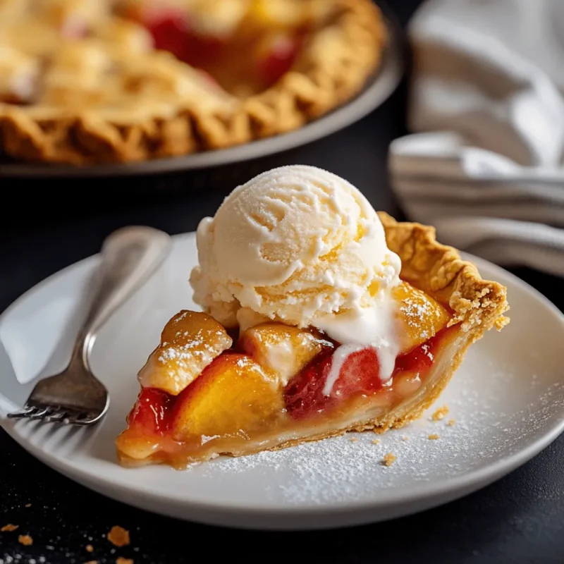Slice of fruit pie with vanilla ice cream on a white plate