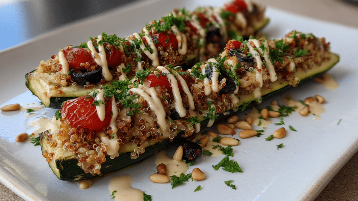 Vegan stuffed zucchini boats with quinoa and herbs