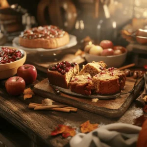 Assorted autumn desserts on a rustic table with fall decorations
