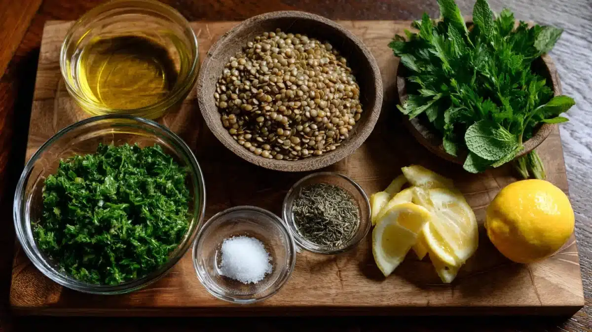 Ingredients for Lentil Tabbouleh Salad with Olive Oil and Herbs