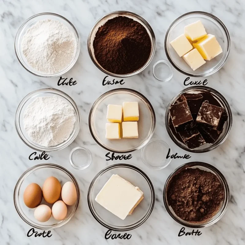 Top view of Texas Sheet Cake Bites ingredients arranged on a marble countertop