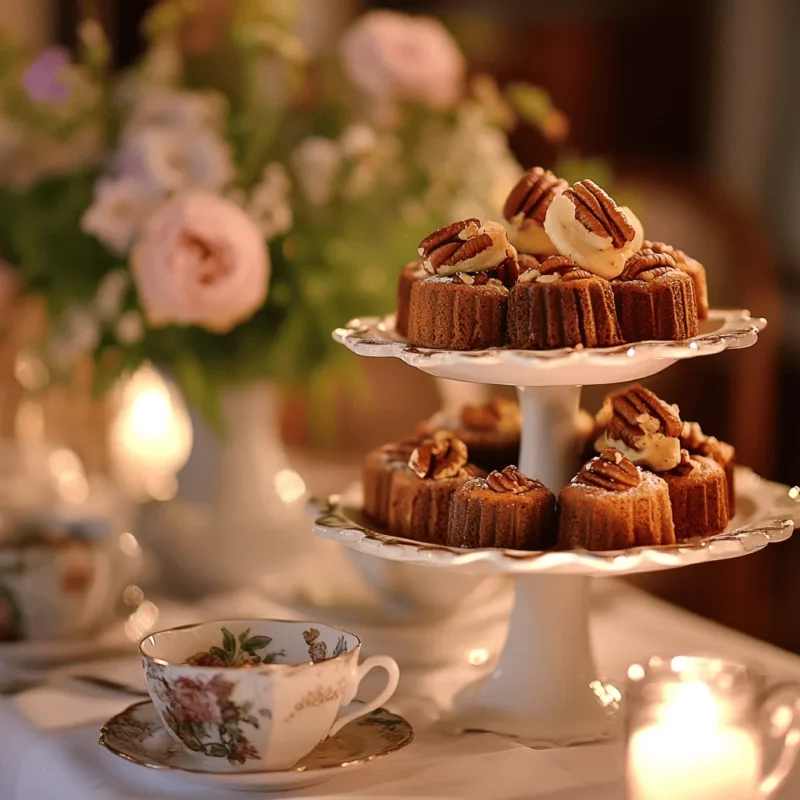 Texas Sheet Cake Bites displayed on a tiered stand at a dessert table setting