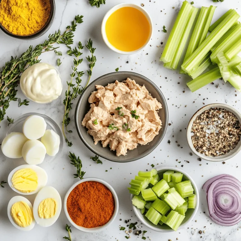 Flat lay of all ingredients needed to make Tuna Egg Salad on a white surface.