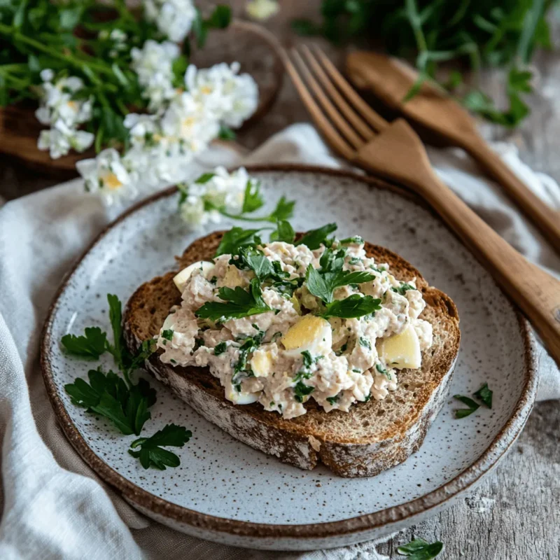 Tuna Egg Salad served on toast with herbs, styled with linens and utensils.