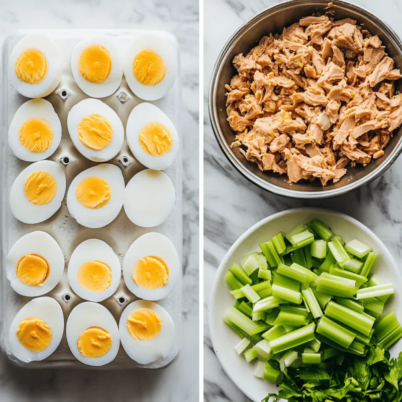 Split image of boiling eggs and preparing tuna and vegetables for Tuna Egg Salad.