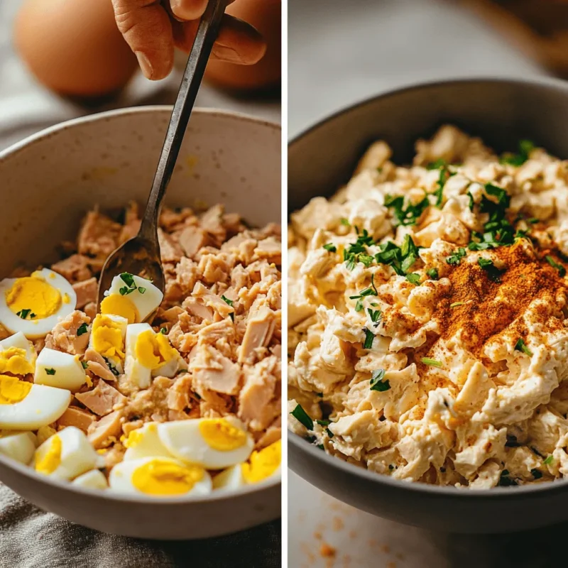 Split image of mixing the salad and garnishing the final Tuna Egg Salad.