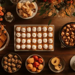 Assorted Thanksgiving desserts without pie arranged on a rustic wooden table