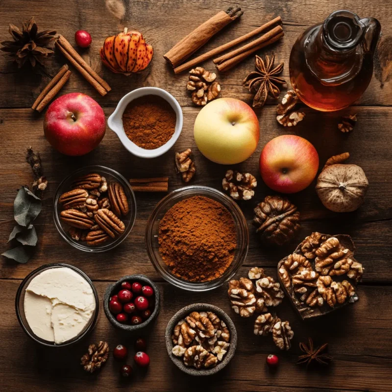 Flat lay of fall dessert ingredients like cinnamon, cranberries, pumpkin, and pecans