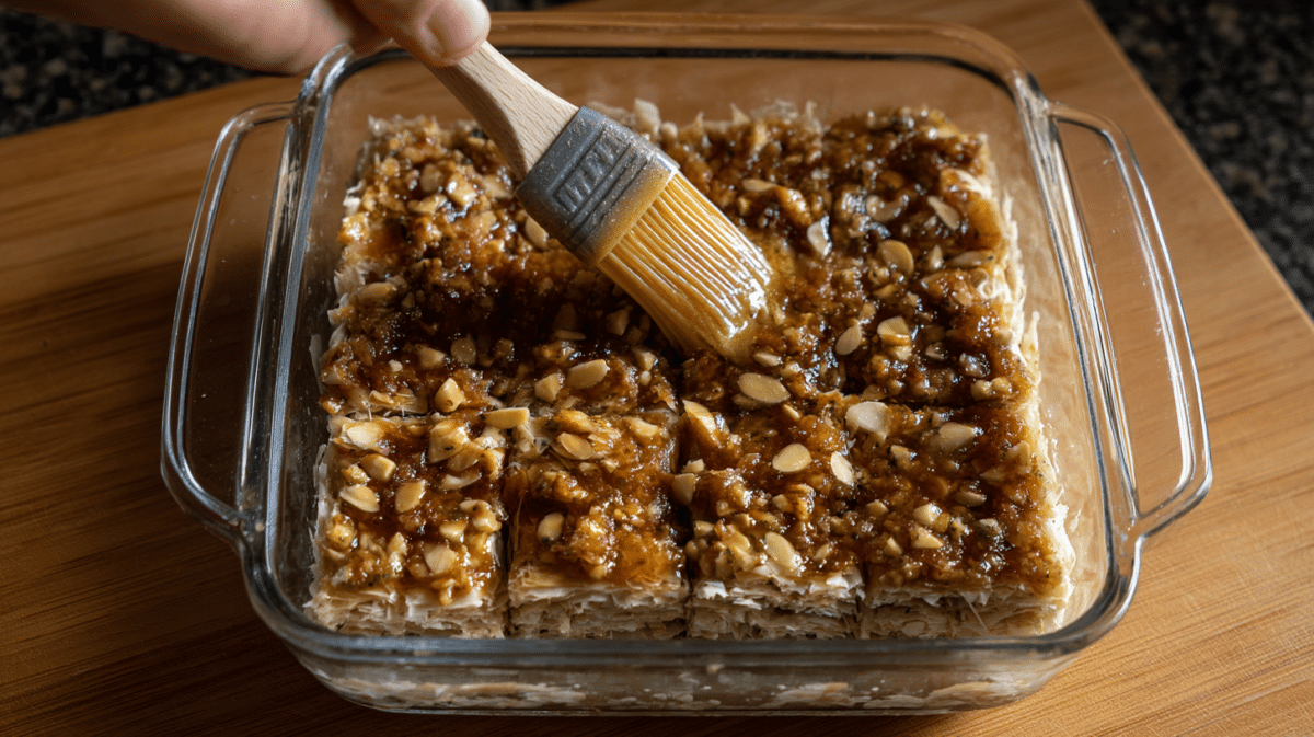 Unbaked almond baklava in preparation