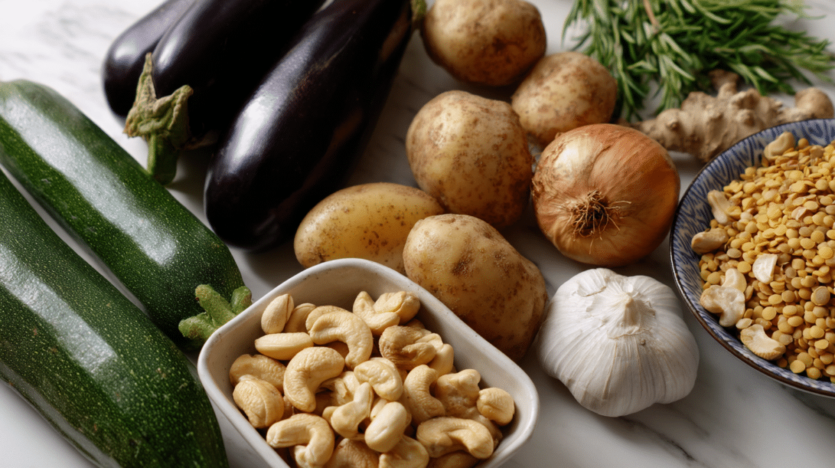 Ingredients for vegan moussaka with lentils and cashew béchamel