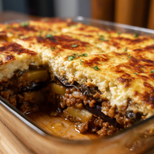 Vegan moussaka with lentils and cashew béchamel in baking dish