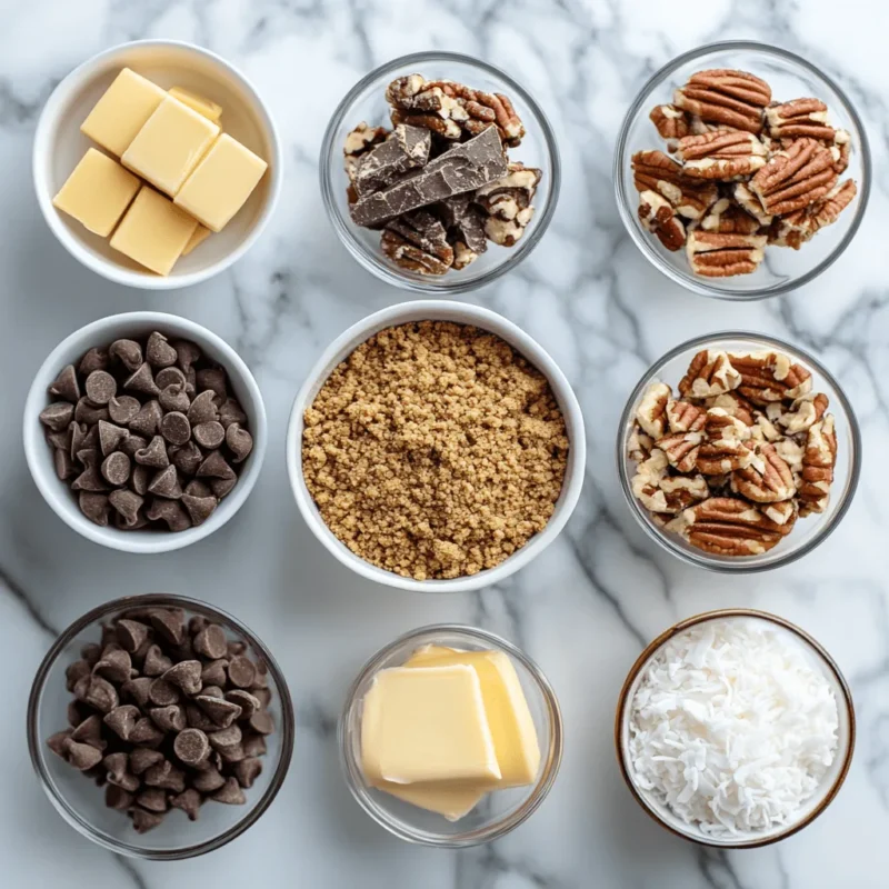 Ingredients for Yum Yum Bars including graham 2crumbs, chocolate chips, coconut, and sweetened condensed milk.