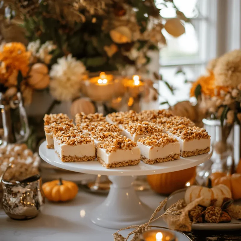 Yum Yum Bars served on a dessert table with seasonal decor and elegant presentation.
