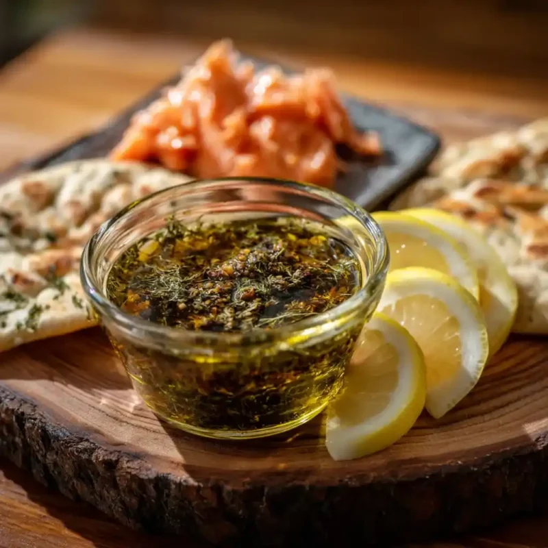 Za’atar olive oil drizzle with flaked salmon