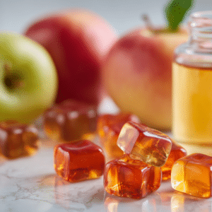 Apple cider vinegar gummies with apples and vinegar bottle