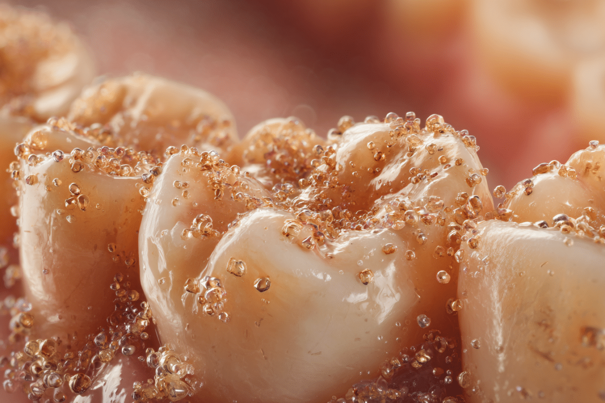 Black tartar buildup on molars showing cause of black teeth