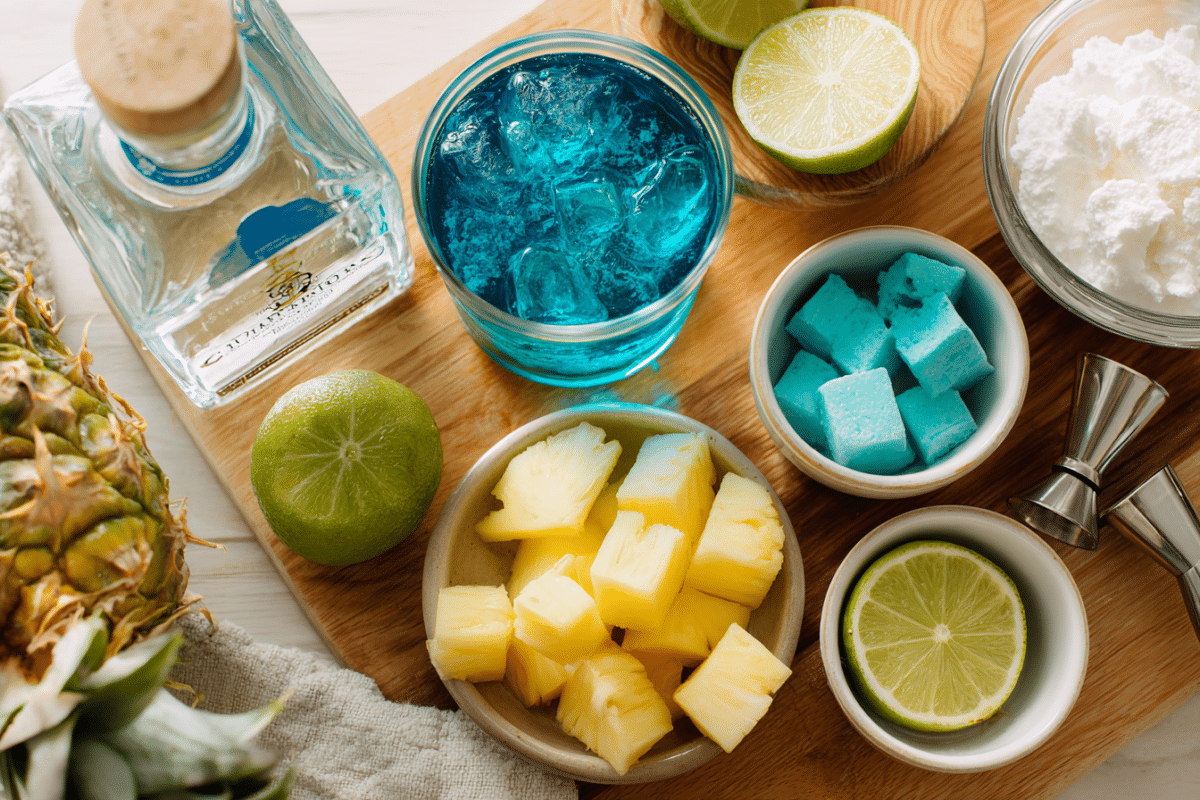 Blue Hawaiian Margarita ingredients laid out