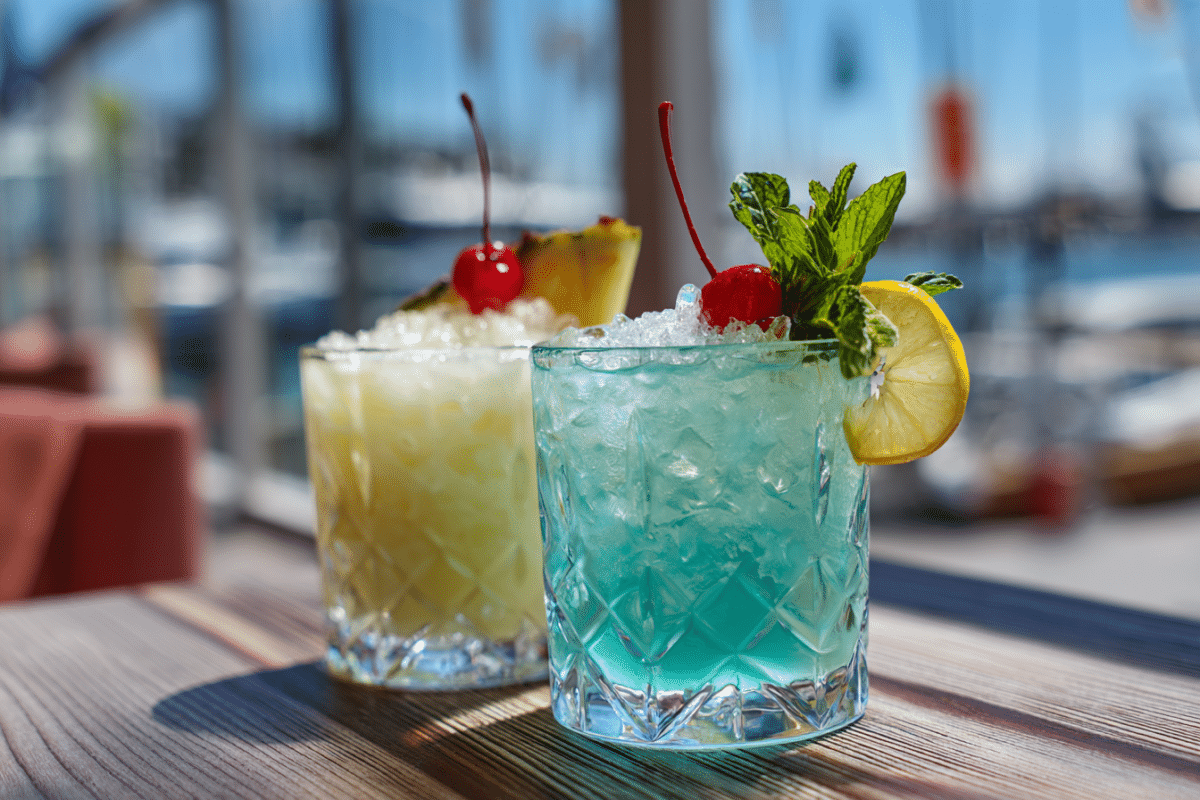 Blue Hawaiian Margarita next to a Blue Lagoon cocktail