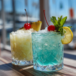 Blue Hawaiian Margarita next to a Blue Lagoon cocktail