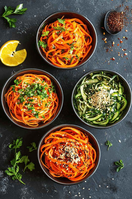 Carrot ribbon salad with 3 homemade dressings