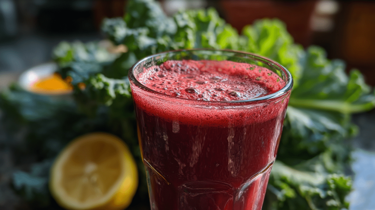 Ginger-Beet Juice in glass with turmeric and kale