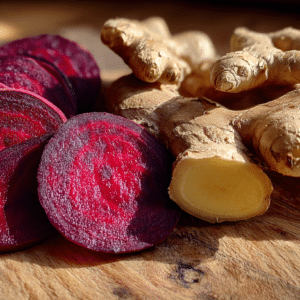 Ginger-Beet Juice in glass with turmeric and kale