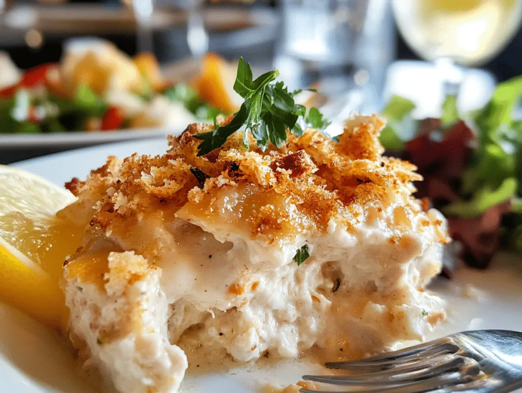 close-up of Neiman Marcus Chicken Bake with creamy filling and crispy topping