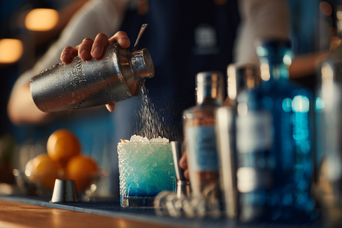 Blue Hawaiian Margarita being shaken in a cocktail shaker