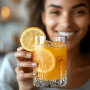 Woman smiling and holding a glass of Natural Mounjaro drink